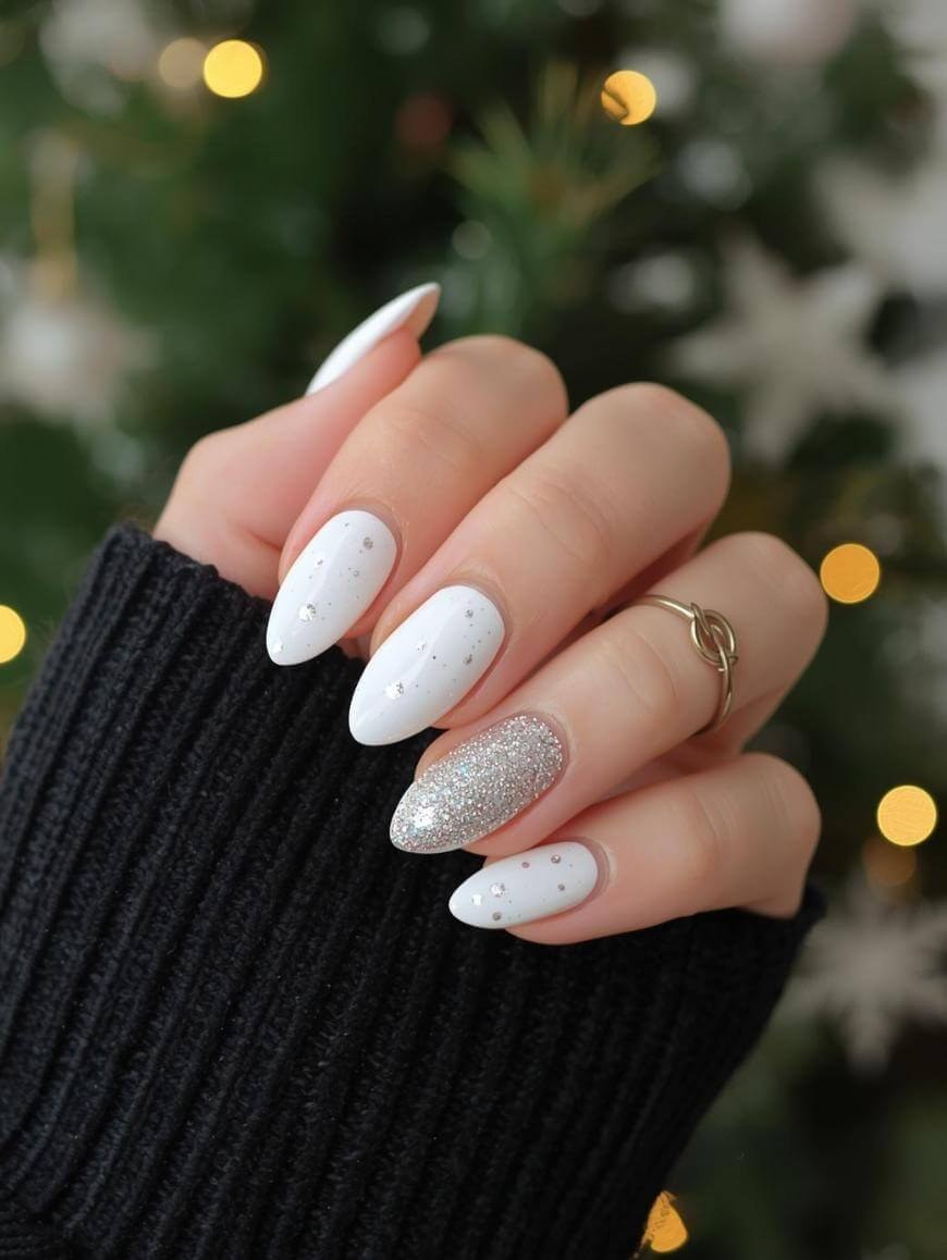 White Silver Glitter Winter Nails