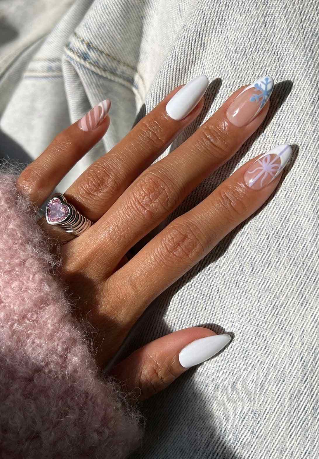 White Snowflake Bow Winter Nails