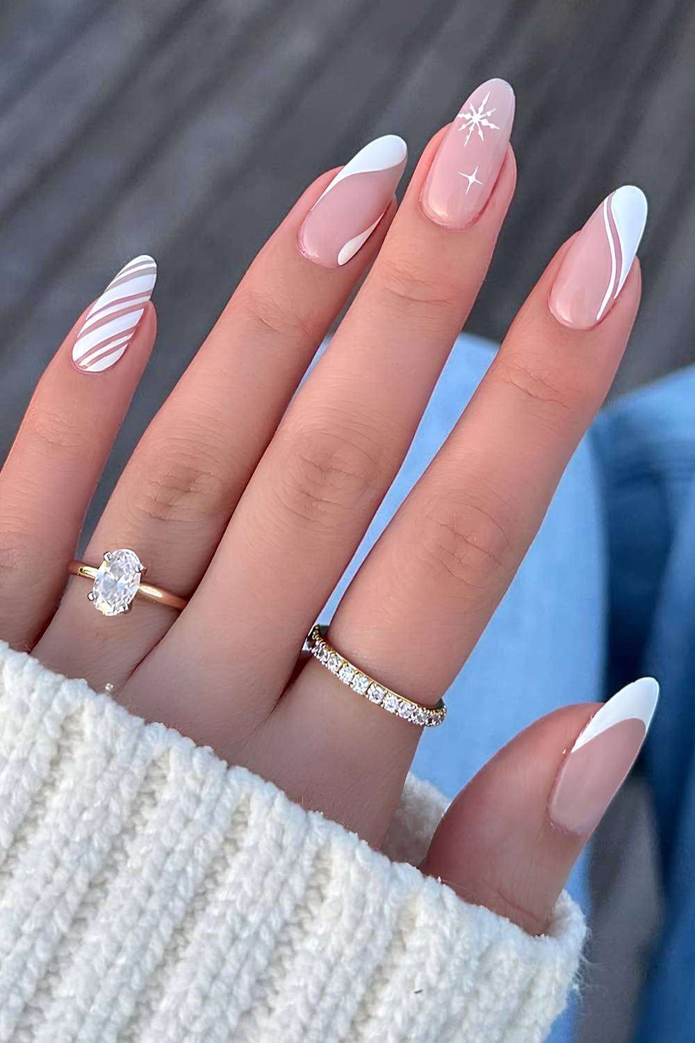 White Snowflake Candy Cane Nails