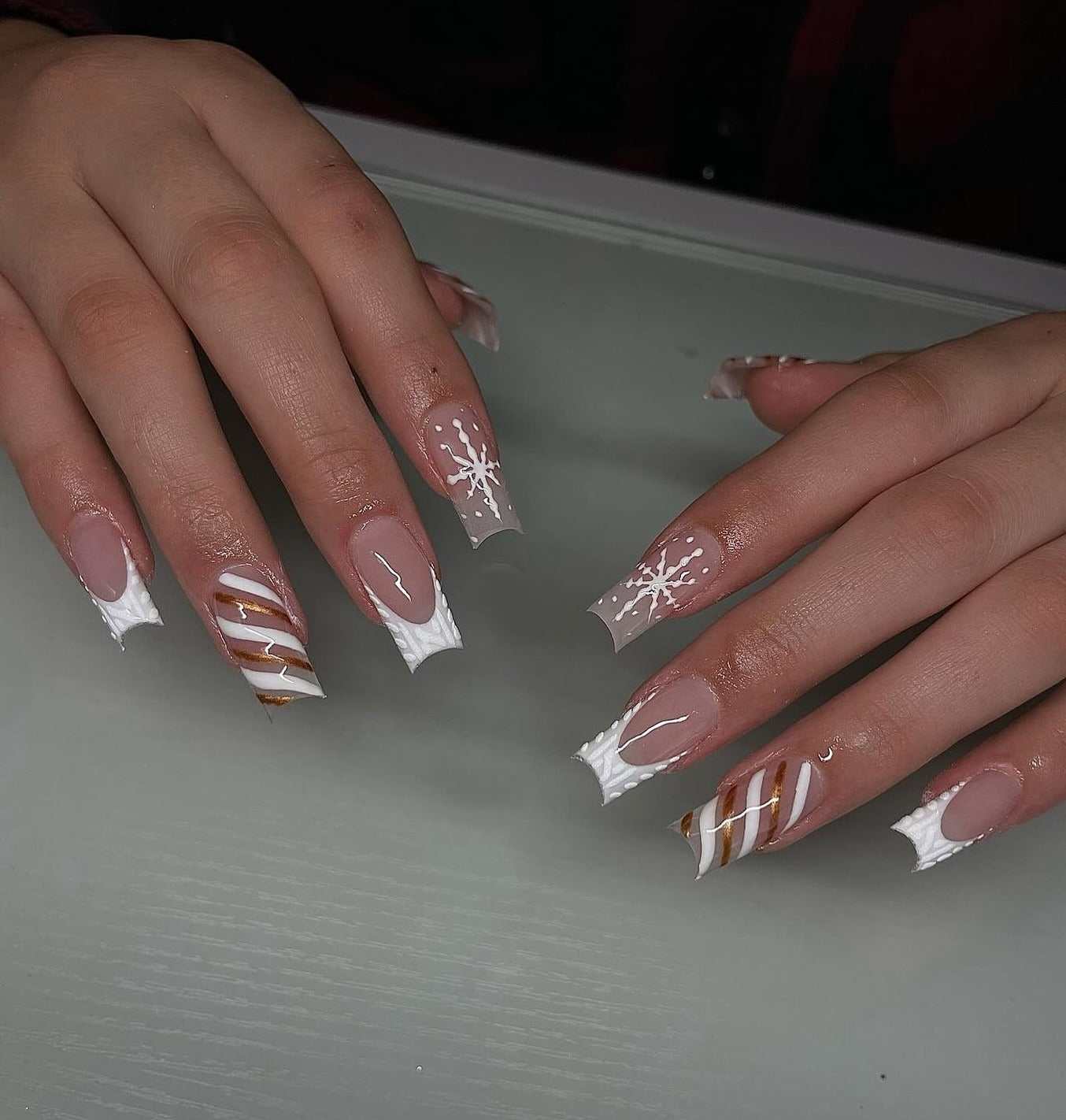 White Snowflake French Tip Simple Nails