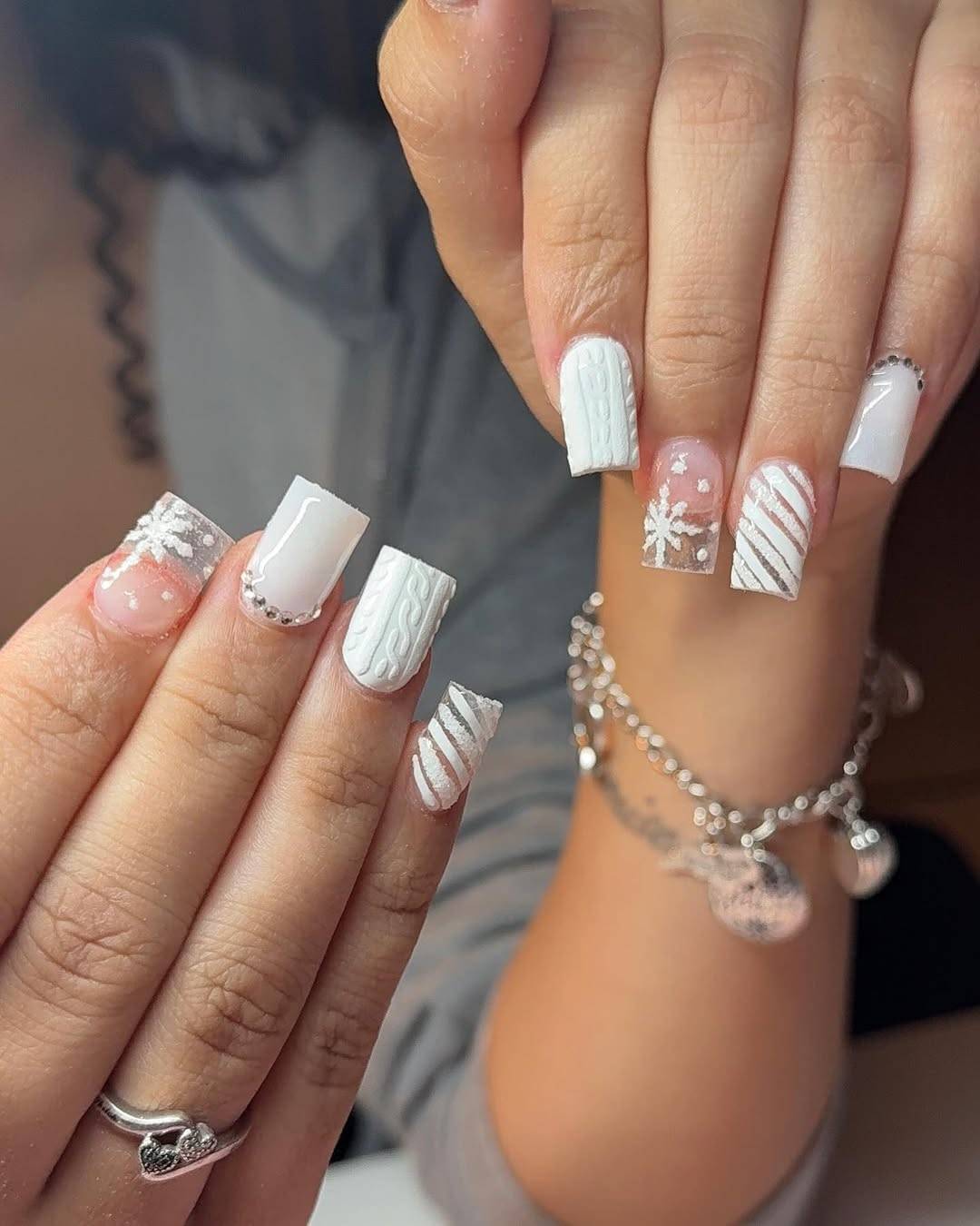 White Sweater Snowflake Square Nails