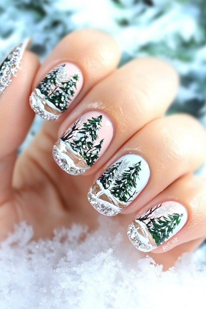 Winter Forest Scene Almond Nails