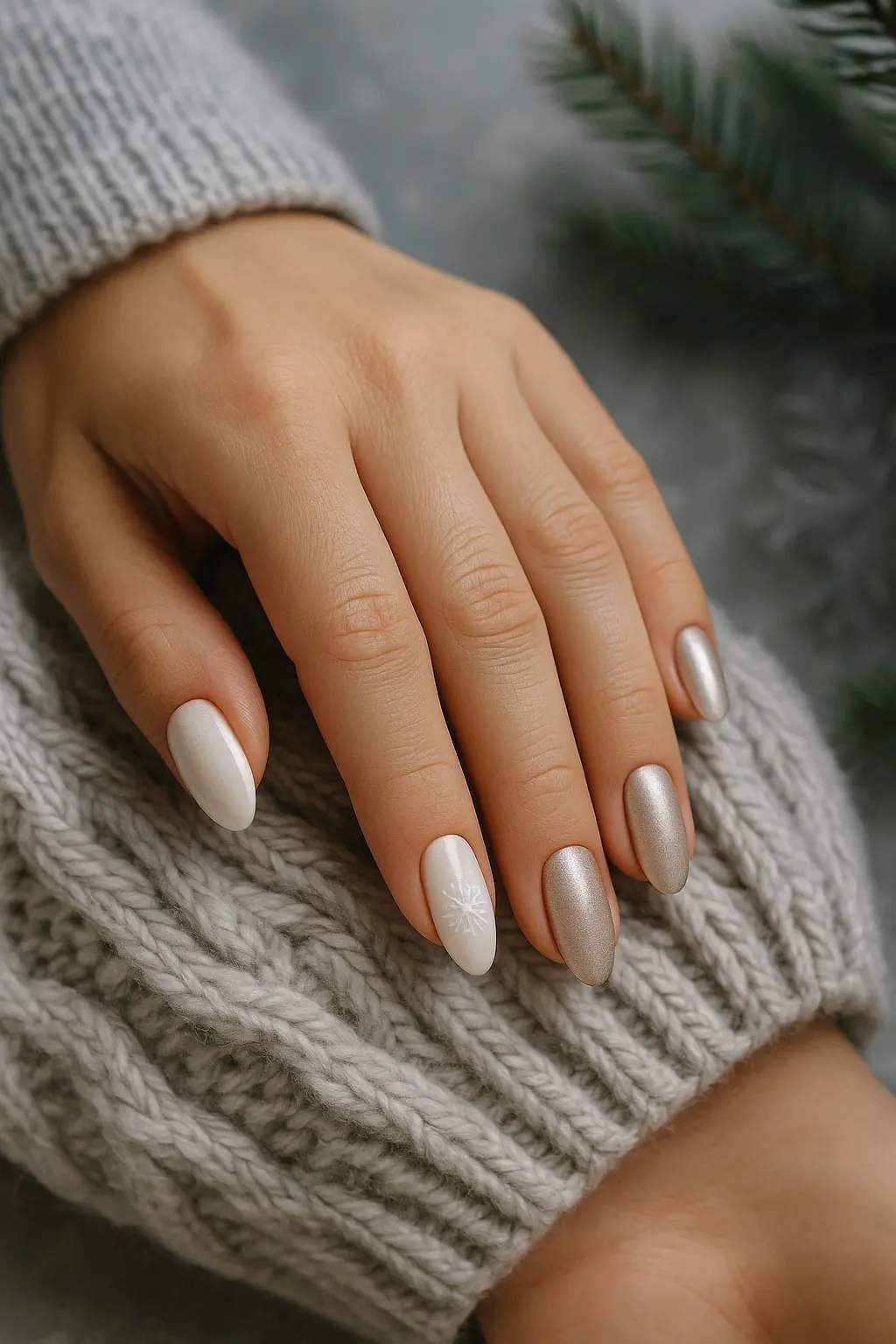 Winter White Silver Almond Snowflake Elegant Nails