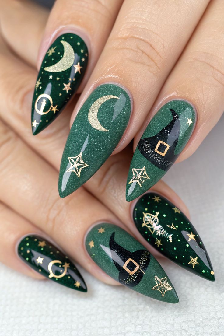 Almond shaped matte dark purple nails with gold metallic celestial witchy symbols.